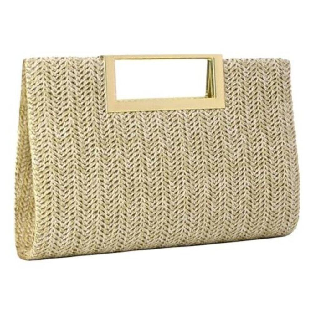 Woven Raffia Clutch Purse Beige Crossbody With Gold Chain